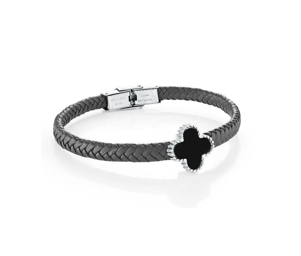 BRACELETTRÈFLE EN CUIR TRESSÉ ET ACIER SERTI D'ONYX - IG SLB682/8 - ITALGEM BRACELETTRÈFLE EN CUIR TRESSÉ ET ACIER SERTI D'ONYX - IG SLB682/8 - ITALGEM