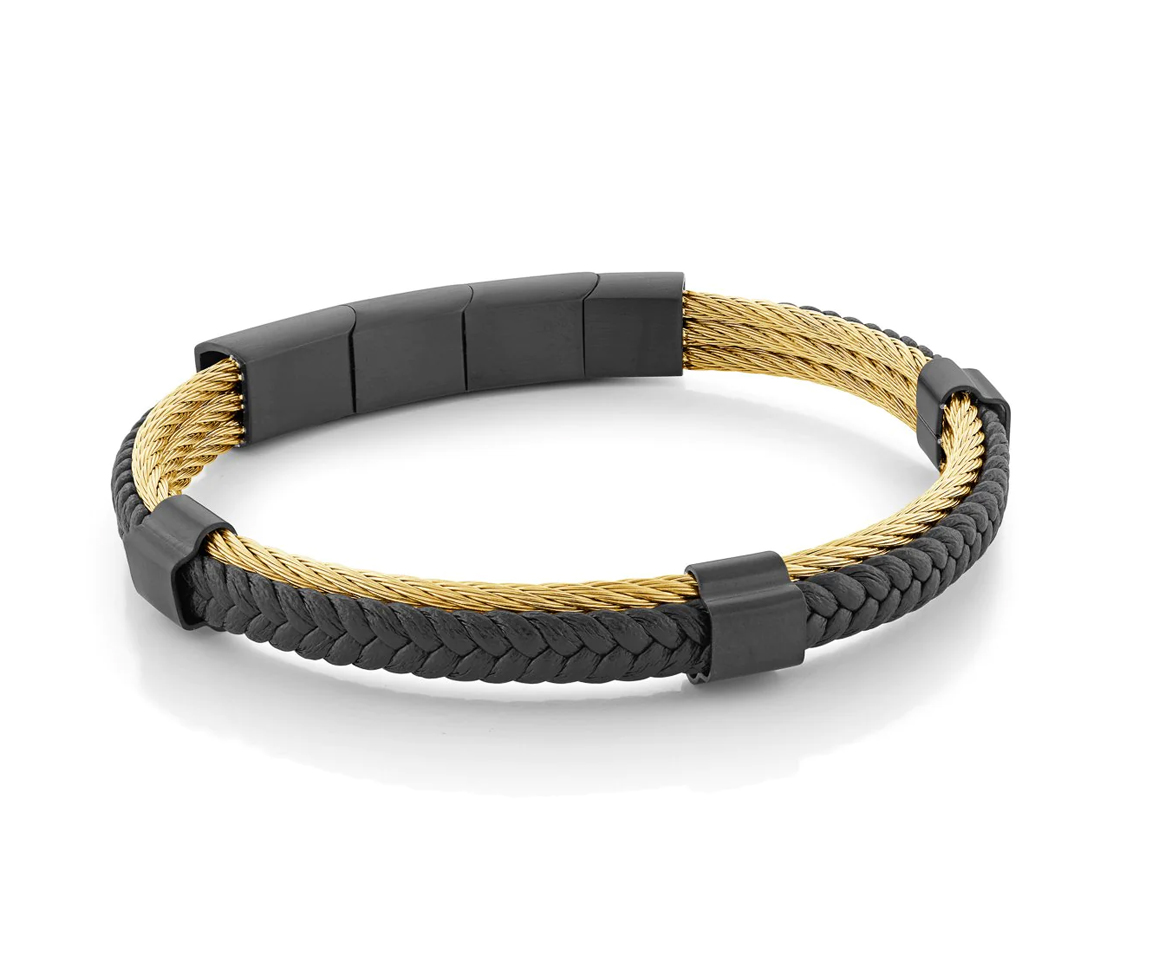 BRACELET EN CUIR TRESSÉ ET ACIER PVD OR ET NOIR - IG SMBG126 - ITALGEM BRACELET EN CUIR TRESSÉ ET ACIER PVD OR ET NOIR - IG SMBG126 - ITALGEM