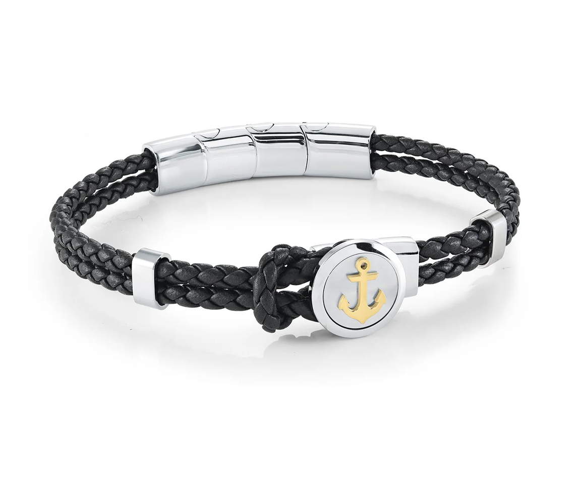 BRACELET EN CUIR TRESSÉ AVEC UN ANCRE EN ACIER/PVD OR 2 TONS - IG SLB674 - ITALGEM BRACELET EN CUIR TRESSÉ AVEC UN ANCRE EN ACIER/PVD OR 2 TONS - IG SLB674 - ITALGEM