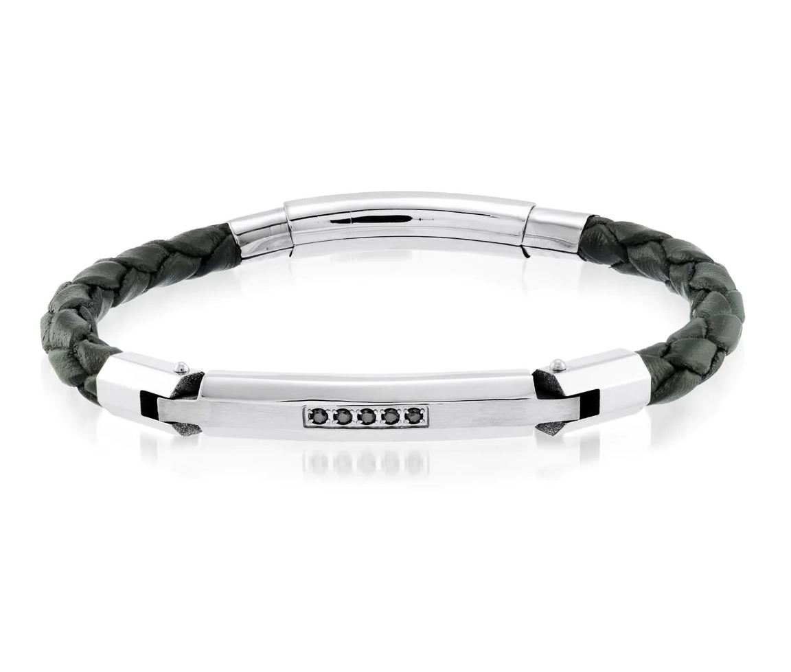 BRACELET EN CUIR TRESSÉ ET ACIER SERTI DE CUBIQUES ZIRCONIAS NOIRS - IG SLB161 - ITALGEM BRACELET EN CUIR TRESSÉ ET ACIER SERTI DE CUBIQUES ZIRCONIAS NOIRS - IG SLB161 - ITALGEM