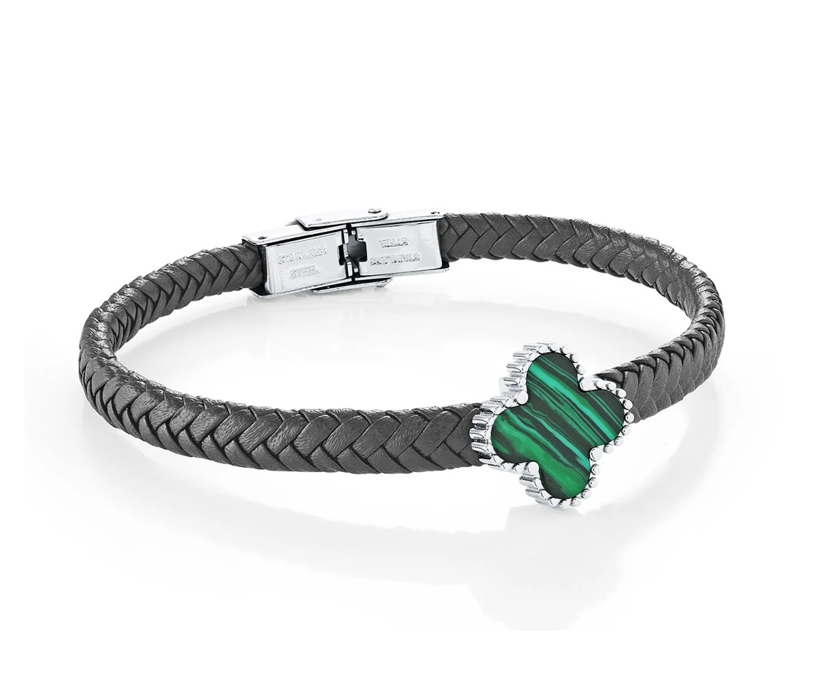 BRACLET TRÈFLE EN ACIER ET CUIR SERTI DE MALACHITE - IG SLB681/8 - ITALGEM BRACLET TRÈFLE EN ACIER ET CUIR SERTI DE MALACHITE - IG SLB681/8 - ITALGEM