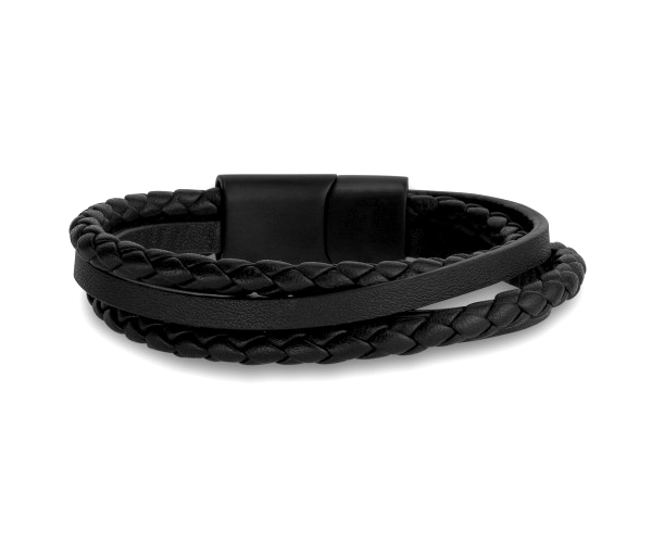 BRACELET 3 RANGS EN ACIER/PVD NOIR ET CUIR BRACELET 3 RANGS EN ACIER/PVD NOIR ET CUIR