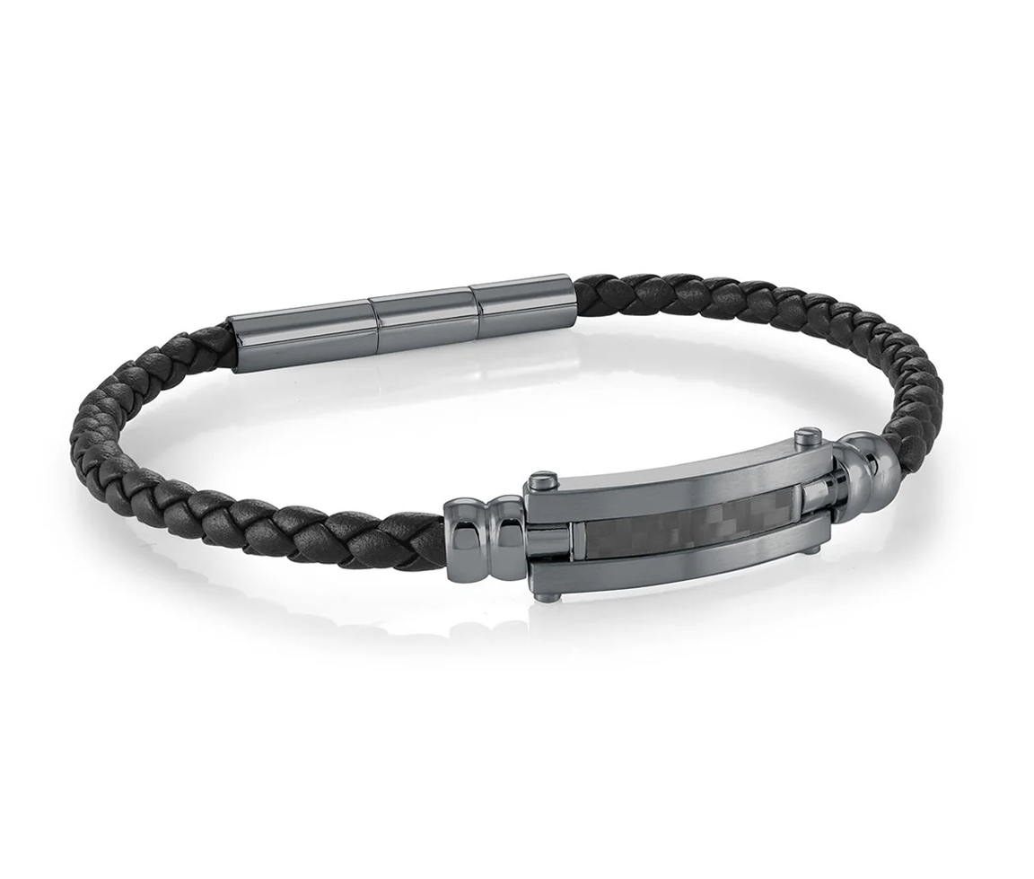 BRACELET DE CUIR TRESSÉ AVEC PLAQUE EN ACIER/PVD GUNMETAL ET FIBRE DE CARBONE - IG SLB643 - ITALGEM BRACELET DE CUIR TRESSÉ AVEC PLAQUE EN ACIER/PVD GUNMETAL ET FIBRE DE CARBONE - IG SLB643 - ITALGEM