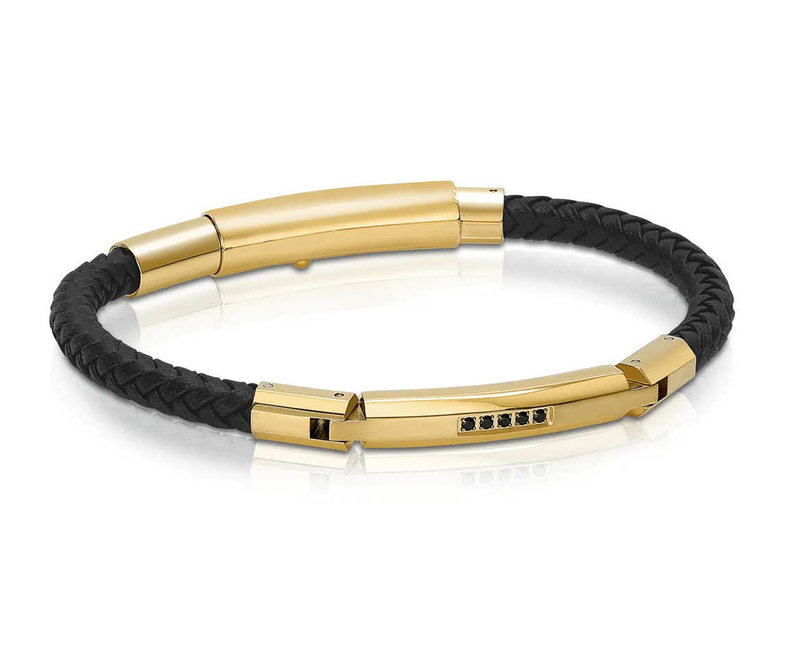BRACELET EN CUIR TRESSÉ ET ACIER/PVD OR SERTI DE CUBIQUES ZIRCONIAS NOIRS - IG SLB276 - ITALGEM BRACELET EN CUIR TRESSÉ ET ACIER/PVD OR SERTI DE CUBIQUES ZIRCONIAS NOIRS - IG SLB276 - ITALGEM