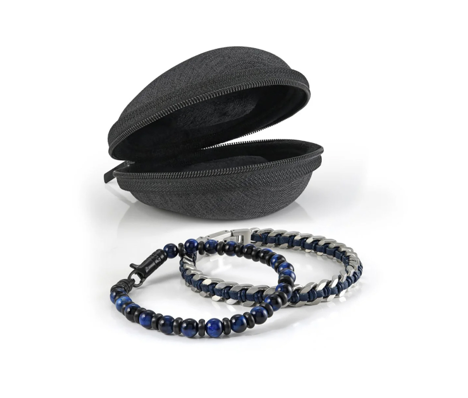 COMBO DE 2 BRACELETS BILLES D'OEIL DE TIGRE BLEU, D'ACIER ET DE CUIR AVEC SA POCHETTE - IG STACK22 - ITALGEM COMBO DE 2 BRACELETS BILLES D'OEIL DE TIGRE BLEU, D'ACIER ET DE CUIR AVEC SA POCHETTE - IG STACK22 - ITALGEM