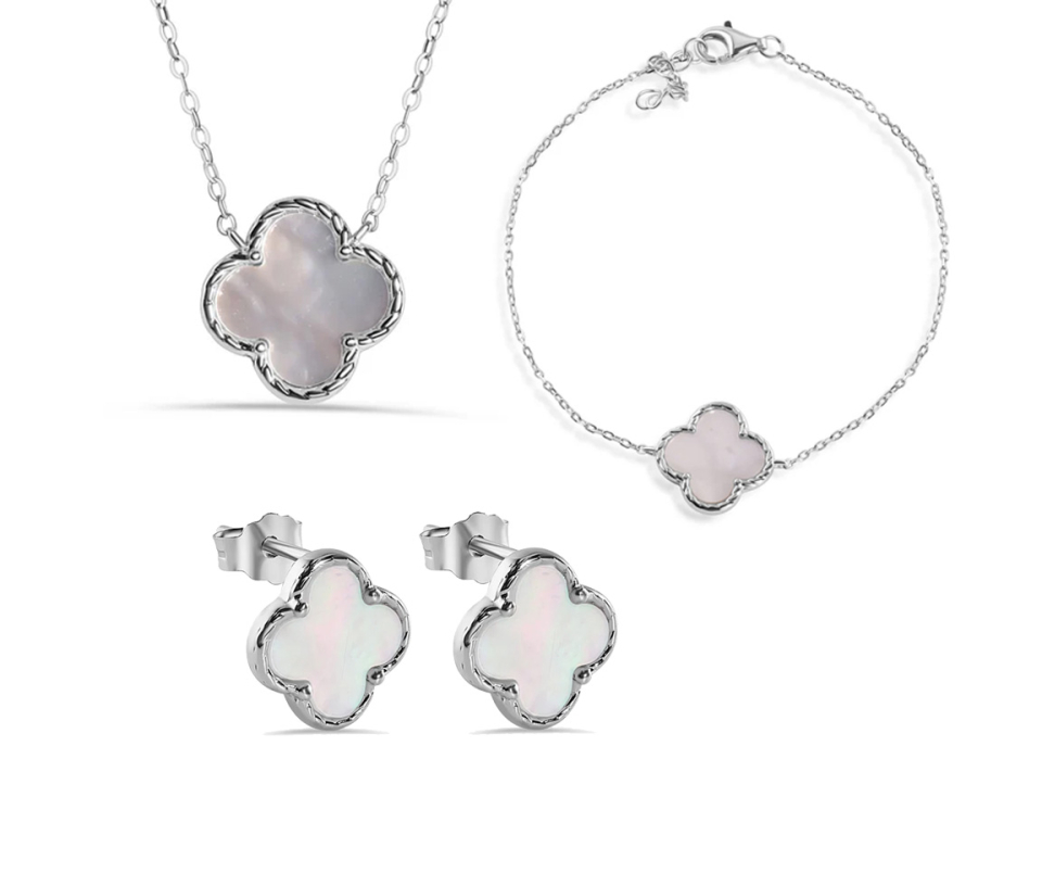 KIT COLLIER, BRACELET ET BOUCLES TRÈFLE EN ARGENT RHODIÉ SERTI DE NACRE DE PERLE - SP KITTRENA - BIJOUX D'IMPORTATION KIT COLLIER, BRACELET ET BOUCLES TRÈFLE EN ARGENT RHODIÉ SERTI DE NACRE DE PERLE - SP KITTRENA - BIJOUX D'IMPORTATION
