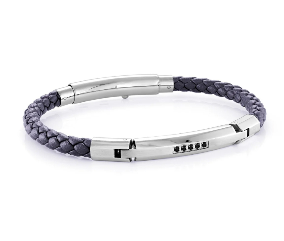 BRACELET EN CUIR TRESSÉ ET ACIER SERTI DE CUBIQUES ZIRCONIAS NOIRS - IG SLB465 - ITALGEM BRACELET EN CUIR TRESSÉ ET ACIER SERTI DE CUBIQUES ZIRCONIAS NOIRS - IG SLB465 - ITALGEM