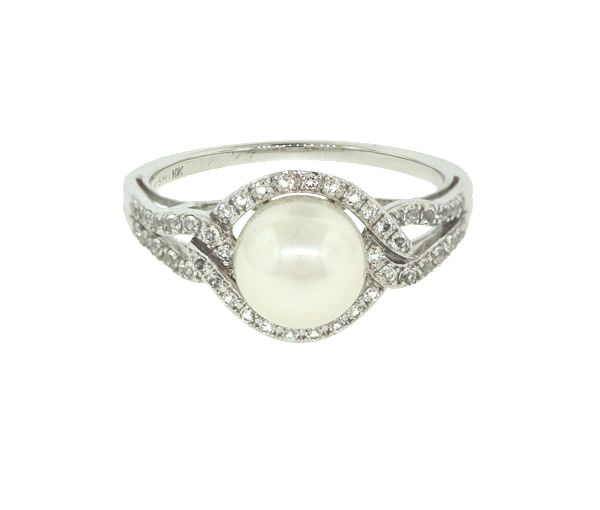 BAGUE EN OR 10K BLANC SERTIE D'UNE PERLE D'EAU DOUCE ET DE CUBIQUES ZIRCONIAS - CG RF16788 - PERLE D'IMPORTATION