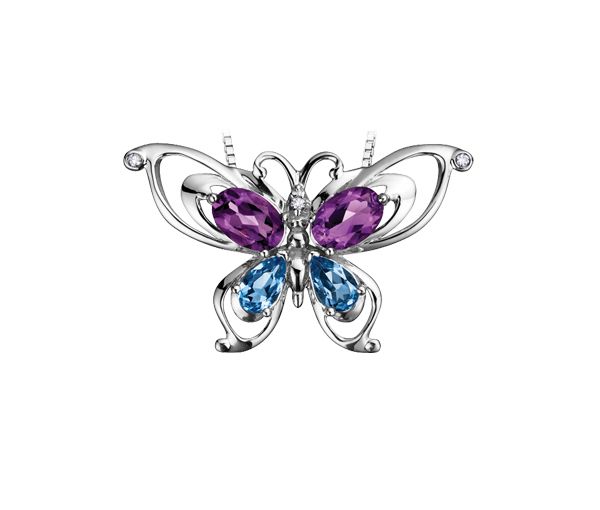 PENDENTIF PAPILLON EN OR BLANC SERTI D'AMÉTHYSTES DE TOPAZE BLEUS ET DE DIAMANTS - CR DD2331 - BIJOUX CANADIEN