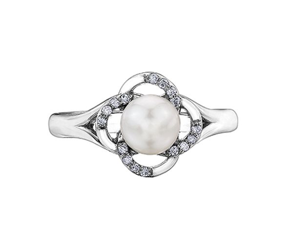 BAGUE EN OR 10K BLANC SERTIE D'UNE PERLE DE CULTURE ET DE DIAMANTS - CR DD3077 - BIJOUX CANADIEN