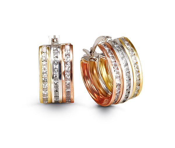 BOUCLES ANNEAUX EN OR 10K 3 TONS SERTIES DE CUBIQUES ZIRCONIAS - SY 1091 - BIJOUX D'IMPORTATION