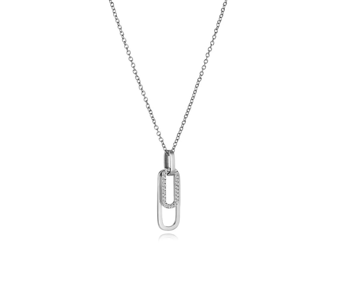 PENDENTIF DOUBLE OVAL EN ACIER OU ACIER/PVD OR SERTI DE CUBIQUES ZIRCONIAS ET SA CHAINE - IG SWP138 - VELORIA