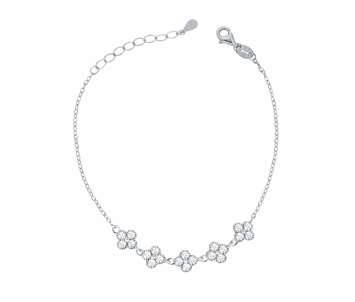 BRACELET EN ARGENT RHODIÉ AVEC 5 FLEURS SERTIES DE CUBIQUES ZIRCONIAS - MB BRAFAS02W - BIJOUX D'IMPORTATION