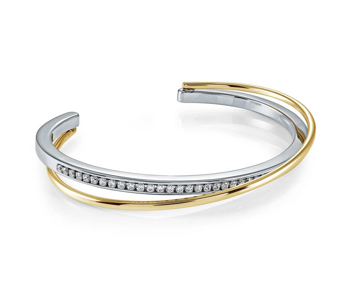 BRACELET BANGLE EN ACIER OU 2 TONS SERTI DE CUBIQUES ZIRCONIAS - IG SWBG116WY - VELORIA