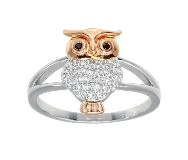 JOLIE BAGUE HIBOU EN ARGENT RHODIÉ/PVD OR ROSE SERTIE DE CUBIQUES ZIRCONIAS NOIRS ET BLANCS - SP GMR00299/5 - BIJOUX D'IMPORTATION