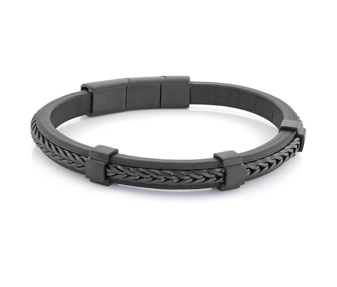 BRACELET DE CUIR AVEC INSERTION D'ACIER/PVD NOIR À MAILLE FRANCO - IG SLB497 - ITALGEM