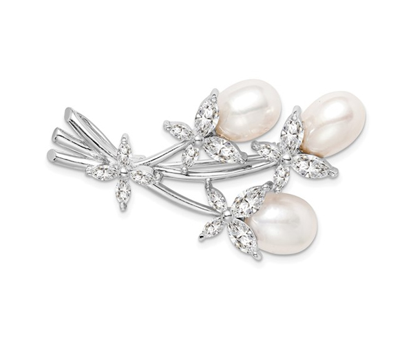 BROCHE BOUQUET FLEURS EN ARGENT RHODIÉ SERTI DE PERLES D'EAU DOUCE ET DE CUBIQUES ZIRCONIAS - QG QP884 - IMPORTATION