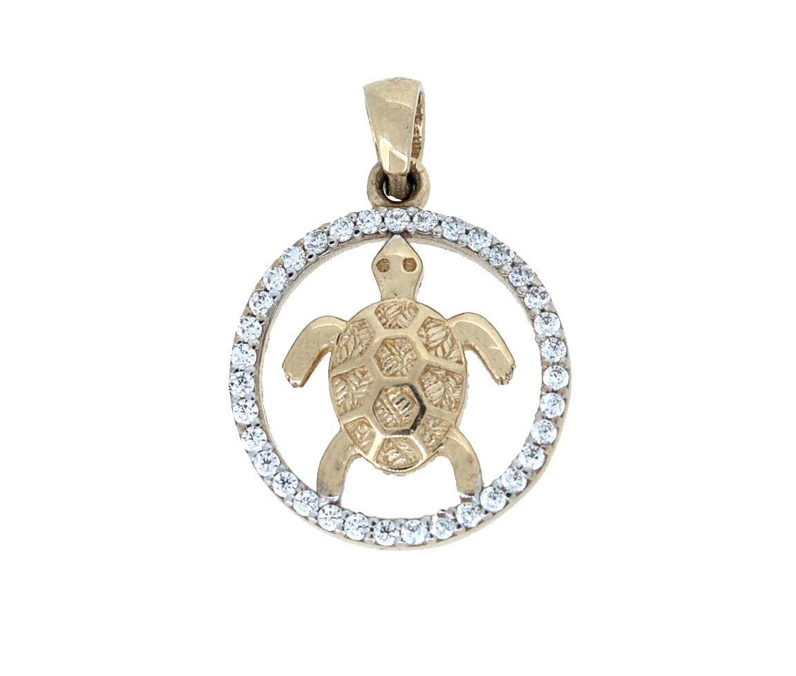 PENDENTIF TORTUE DANS CERCLE DE VIE EN OR JAUNE SERTI DE CUBIQUES ZIRCONIAS - MB PEN228 - BIJOUX D'IMPORTATION
