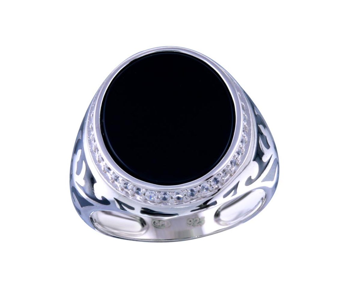 BAGUE EN ARGENT RHODIÉ SERTIE DE CUBIQUES ZIRCONIAS ET D'UN ONYX - SP GMR00251RH - BIJOUX D'IMPORTATION