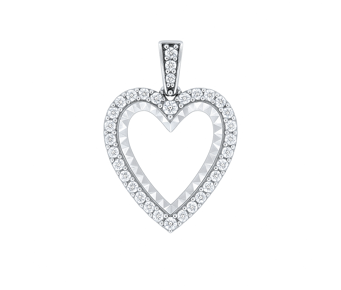 PENDENTIF COEUR AJOURÉ EN OR BLANC TAILLÉ DIAMANT SERTI DE CUBIQUES ZIRCONIAS - MB COEUR60 - BIJOUX D'IMPORTATION