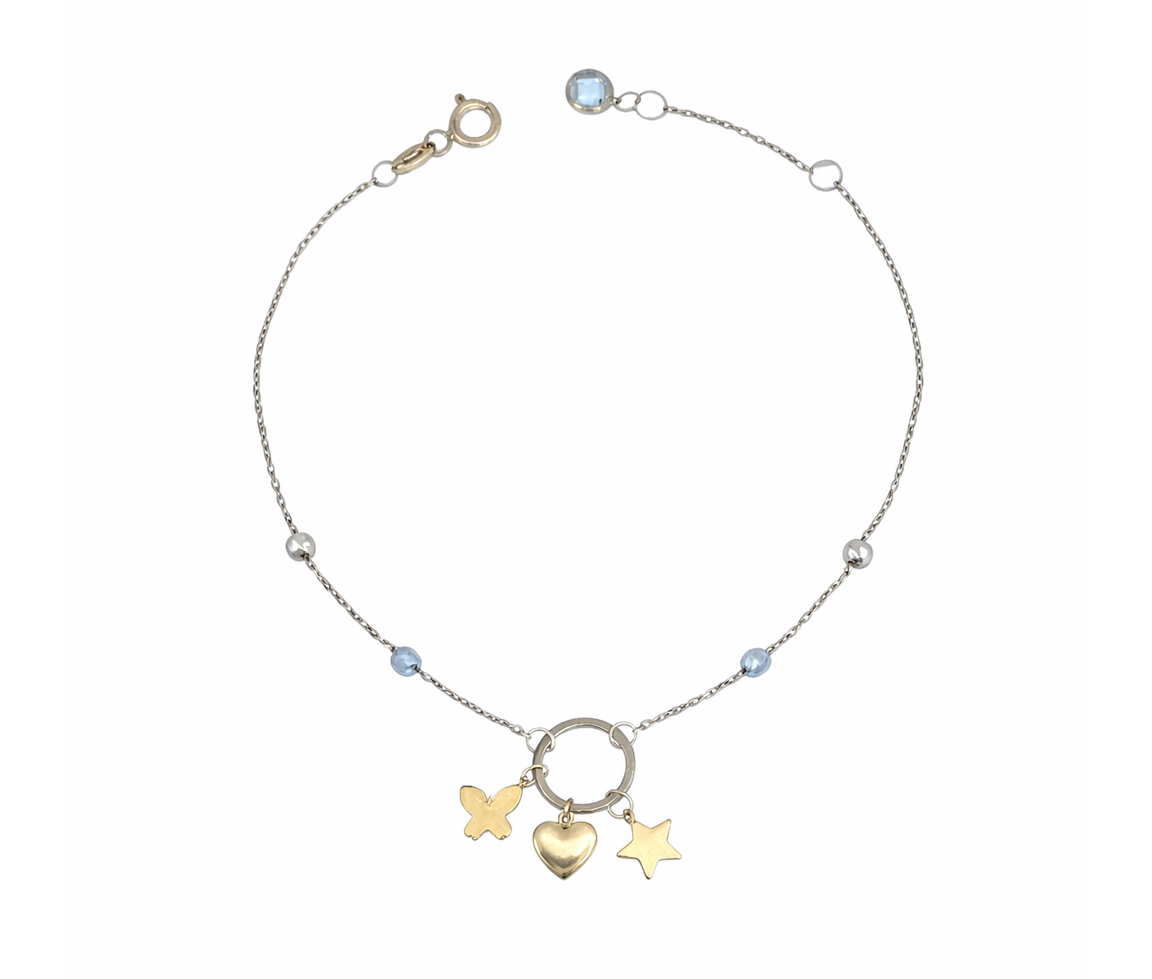 BRACELET EN OR 2 TONS AVEC CERCLE AJOURÉ ET 3 BRELOQUES - MB BRAFA03 - BIJOUX D'IMPORTATION