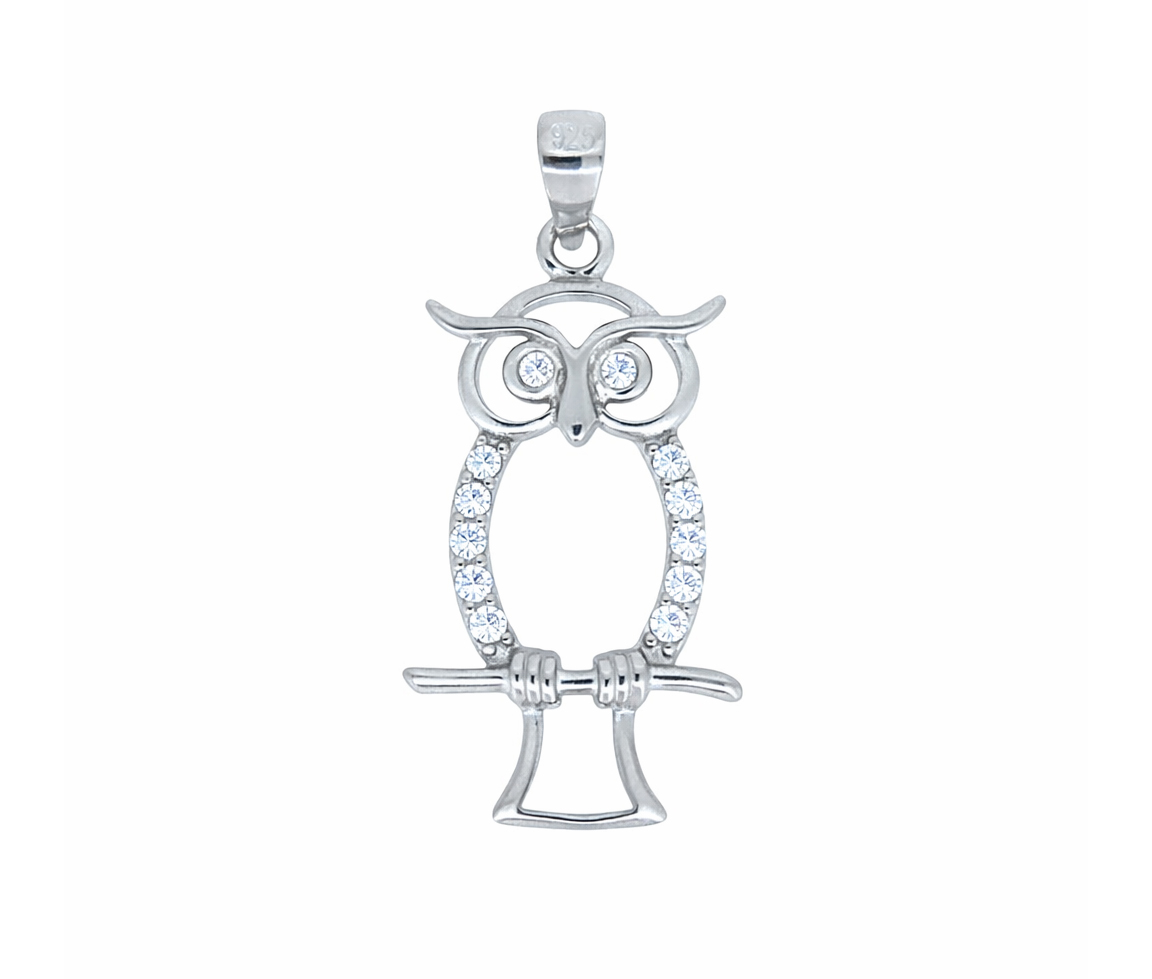 PENDENTIF HIBOU AJOURÉ EN ARGENT RHODIÉ SERTI DE CUBIQUES ZIRCONIAS - MB ANIM33S - BIJOUX D'IMPORTATION