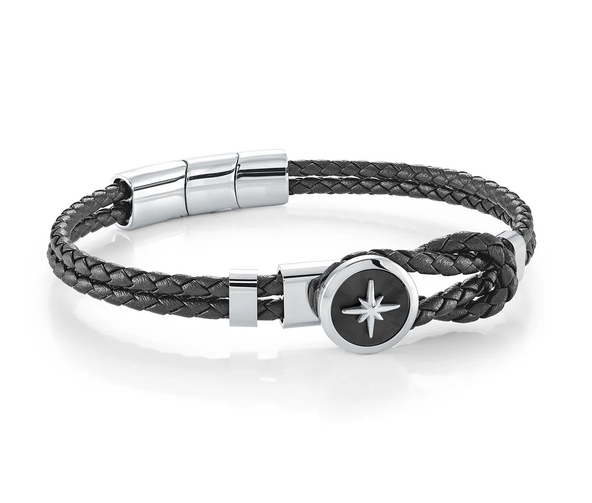 BRACELET EN CUIR TRESSÉ AVEC L'ÉTOILE DU NORD EN ACIER/PVD NOIR 2 TONS - IG SLB667BK - ITALGEM