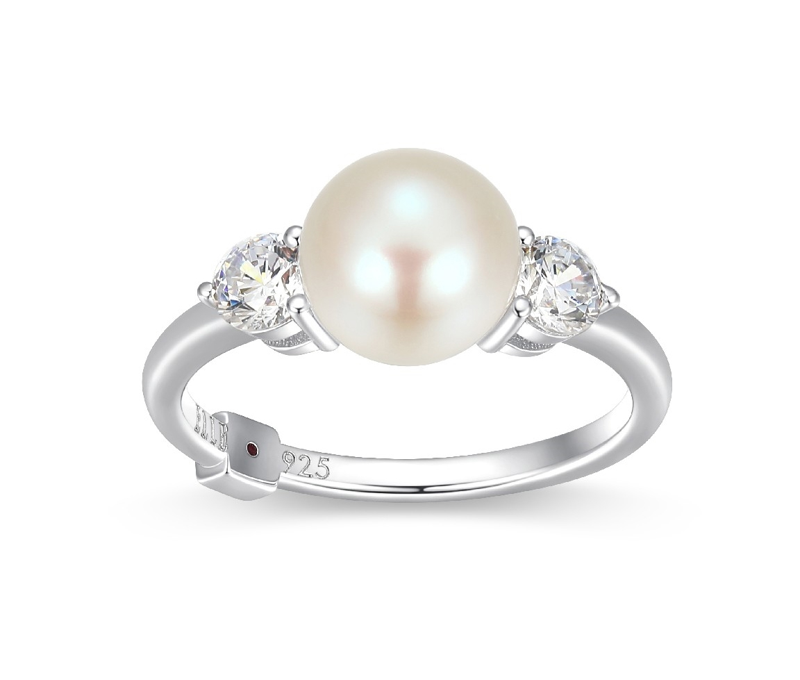 BAGUE EN ARGENT RHODIÉ SERTIE D'UNE PERLE D'EAU DOUCE ET DE CUBIQUES ZIRCONIAS - PJ R4LAJ245AC - ELLE