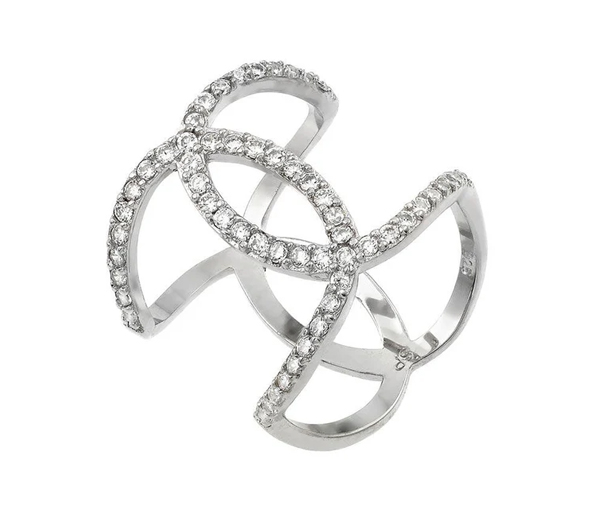 BAGUE EN ARGENT RHODIÉ ENTRECROISÉ SERTIE DE CUBIQUES ZIRCONIAS - SP STR01008/5 - BIJOUX D'IMPORTATION