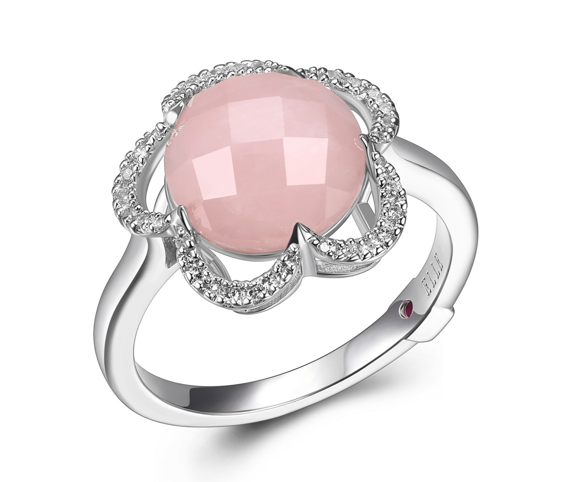 BAGUE EN ARGENT RHODIÉ SERTIE D'UN QUARTZ ROSE ET DE CUBIQUES ZIRCONIAS - PJ R4LAAY32A8 - ELLE
