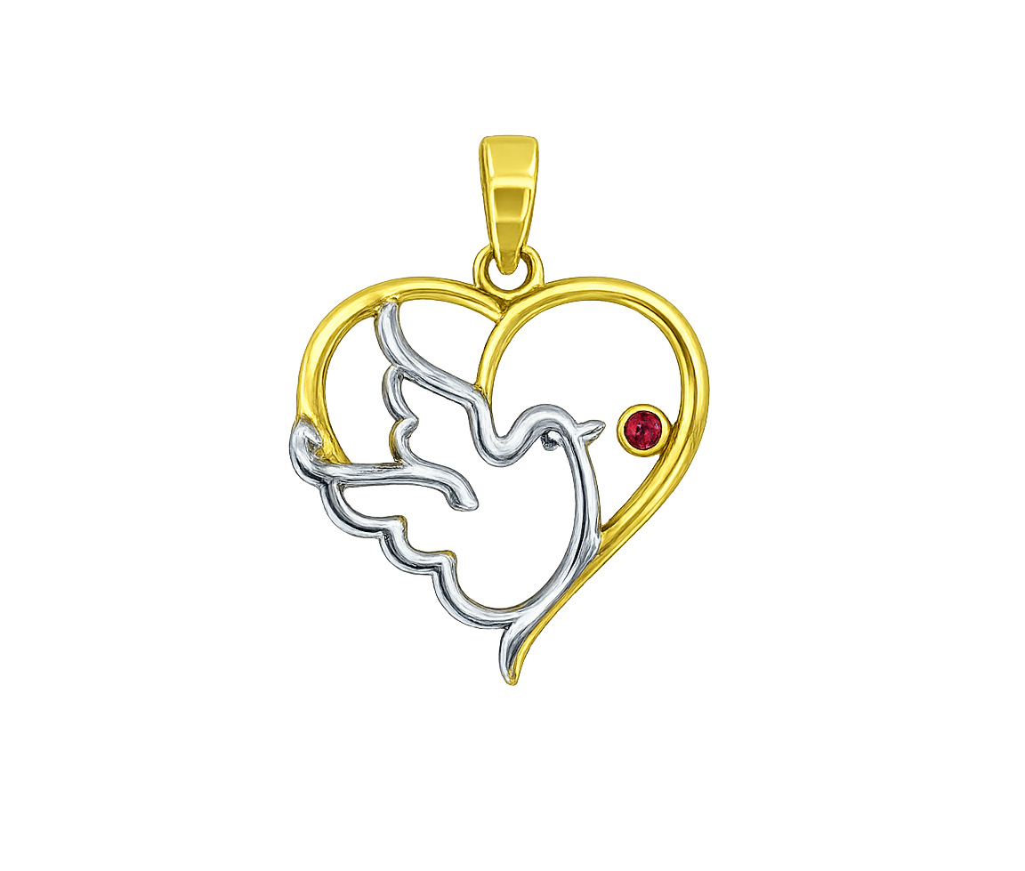 PENDENTIF COEUR ET COLOMBE EN OR JAUNE ET BLANC SERTI D'UN CUBIQUE ZIRCONIA ROUGE - MB COEUR92 - BIJOUX D'IMPORTATION
