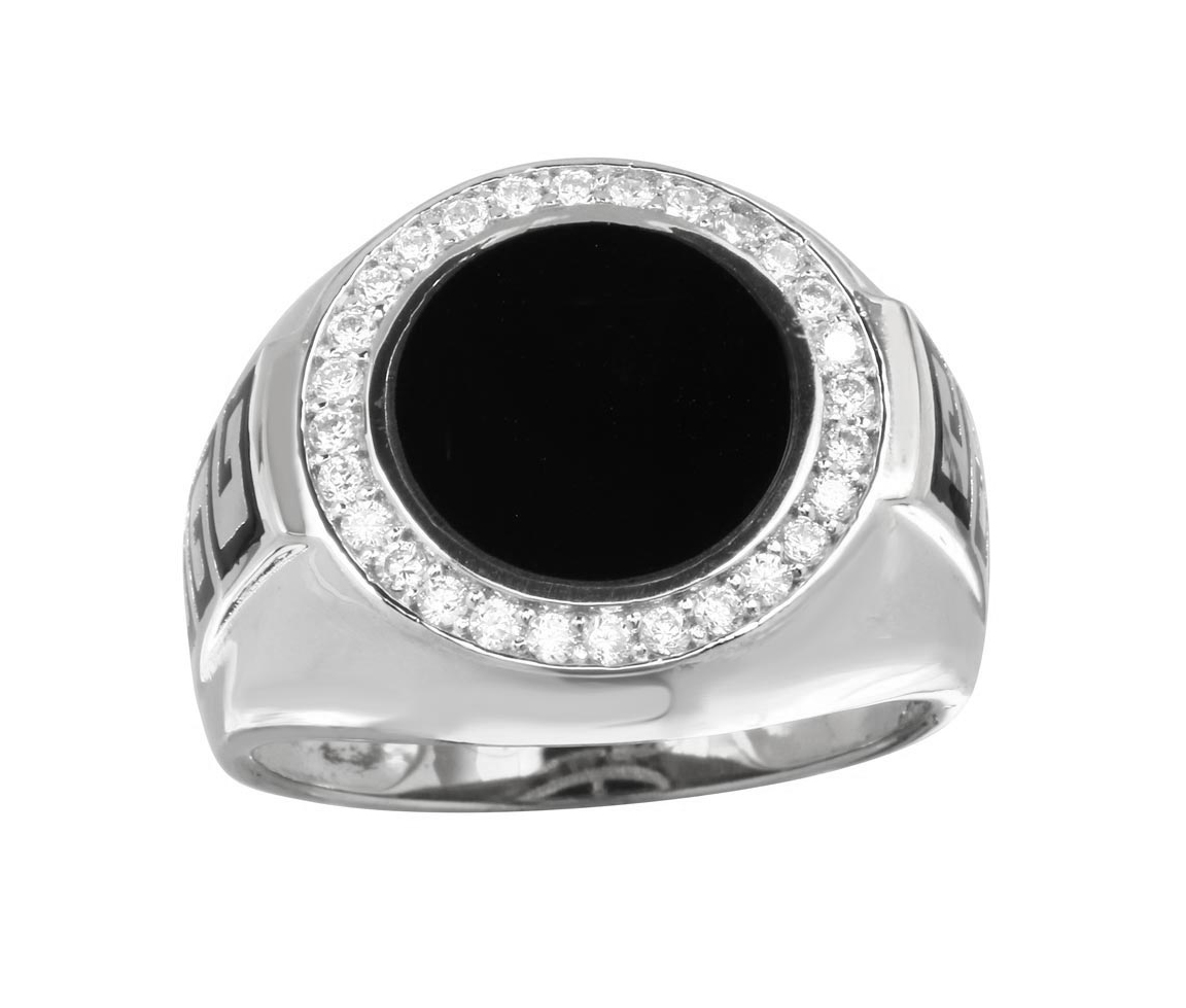 BAGUE POUR HOMME EN ARGENT RHODIÉ SERTIE DE CUBIQUES ZIRCONIAS ET D'ONYX - SP GMR00254/9 - BIJOUX D'IMPORTATION