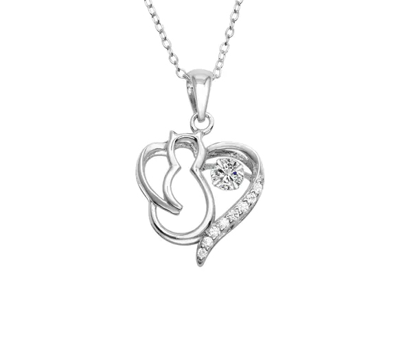 COLLIER COEUR/CHAT EN ARGENT RHODIÉ SERTI D'UN CUBIQUE ZIRCONIA DANSANT ET DE CUBIQUES ZIRCONIAS - SP STP01685 - BIJOUX D'IMPORTATION