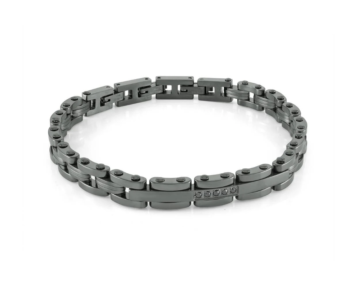 BRACELET EN ACIER/PVD GUN MÉTAL SERTI DE CUBIQUES ZIRCONIAS NOIRS - IG SMB701 - ITALGEM