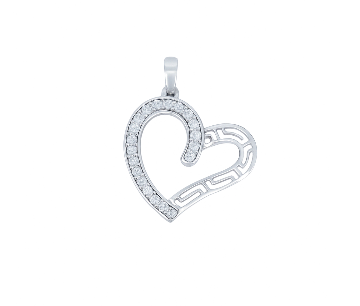 PENDENTIF COEUR AJOURÉ ET MOTIF VERSACE EN OR BLANC SERTI DE CUBIQUES ZIRCONIAS - MB COEUR86 - BIJOUX D'IMPORTATION