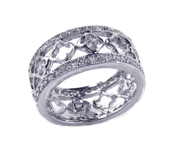 JONC ÉTERNITÉ AJOURÉ AVEC MOTIF TRÈFLES EN ARGENT RHODIÉ SERTI DE CUBIQUES ZIRCONIAS - SP BGR00112/8 - BIJOUX D'IMPORTATION