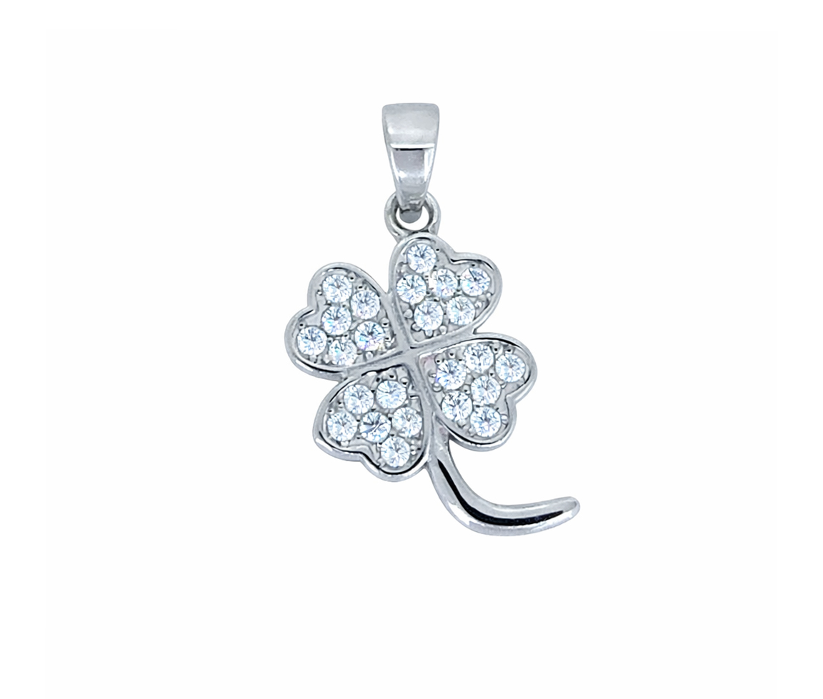 PENDENTIF TRÈFLE À 4 FEUILLES EN ARGENT RHODIÉ SERTI DE CUBIQUES ZIRCONIAS - MB PEN73S - BIJOUX D'IMPORTATION