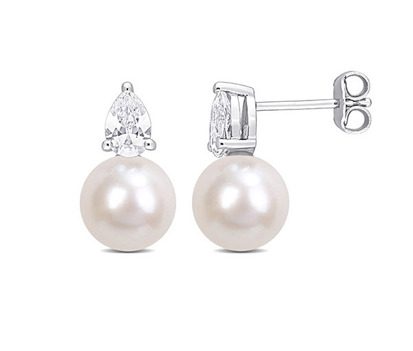 BOUCLES EN ARGENT RHODIÉ SERTIES DE PERLES D'EAU DOUCE ET DE SAPHIRS BLANCS - DM FC2CTK - PERLE D'IMPORTATION