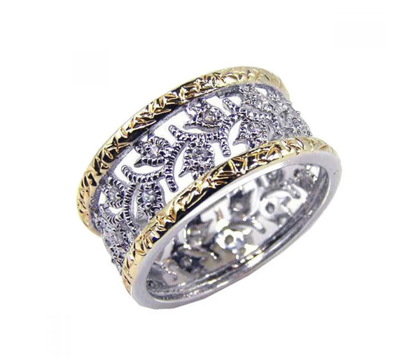 JONC AJOURÉ AVEC FLEURS EN ARGENT RHODIÉ/PVD OR 2 TONS SERTI DE CUBIQUES ZIRCONIAS - SP STR00329/7 - BIJOUX D'IMPORTATION