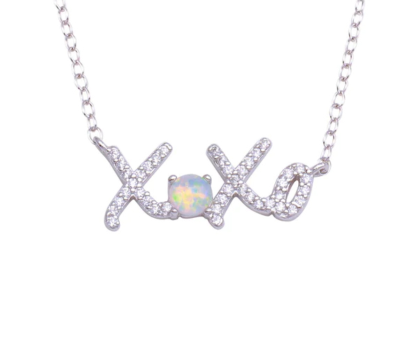 COLLIER XOXO EN ARGENT RHODIÉ SERTI D'UNE OPALE SYNTHÉTIQUE ET DE CUBIQUES ZIRCONIAS - SP STP01715 - BIJOUX D'IMPORTATION