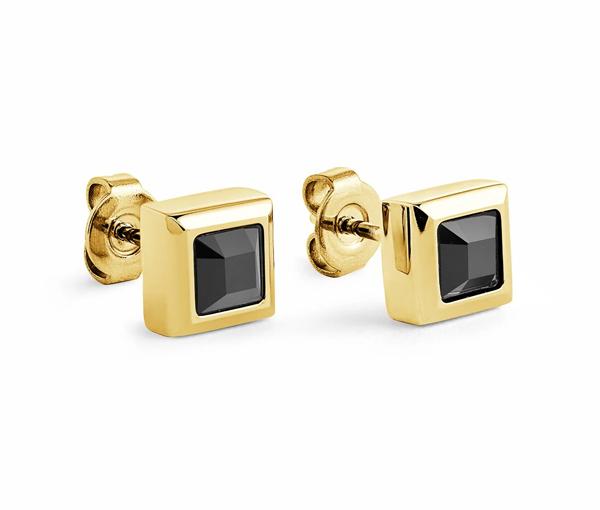 BOUCLES EN ACIER/PVD OR SERTIES DE CUBIQUES ZIRCONIAS NOIRS CARRÉS - IG SEA211 - ITALGEM