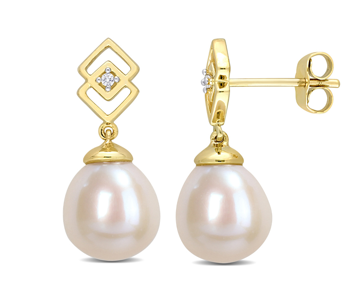 BOUCLES EN OR JAUNE SERTIES DE DIAMANTS ET DE PERLES D'EAU DOUCE - DM FC2C4W - PERLE D'IMPORTATION