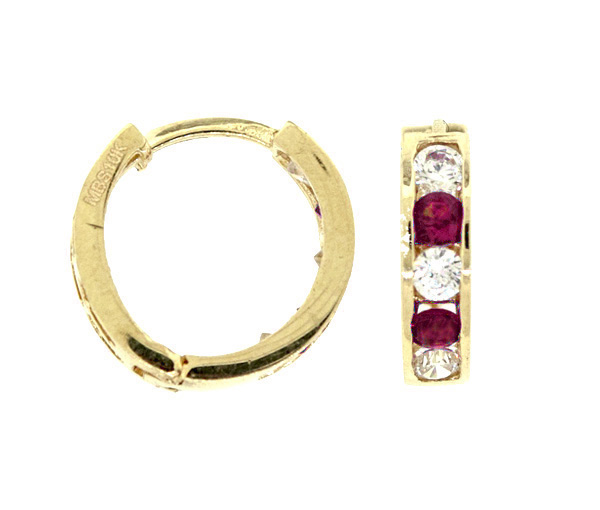 BOUCLES HUGGIES EN OR 10K SERTIES DE CUBIQUES ZIRCONIAS BOURGOGNES ET BLANCS - MB HUGNA0110 - BIJOUX D'IMPORTATION