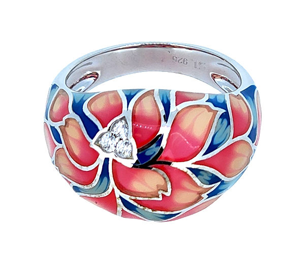 BAGUE EN ARGENT RHODIÉ/RÉSINE STYLE CABOCHON SERTIE DE CUBIQUES ZIRCONIAS - SJ RES02/6 - BIJOUTERIE SUISSE INC.