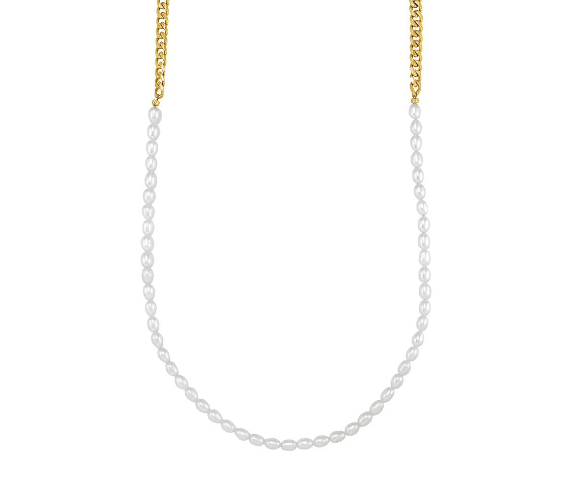 CHAINE/COLLIER EN ACIER/PVD OR À MAILLE GOURMETTE ET PERLES D'EAU DOUCE - IG SYN73 - ITALGEM