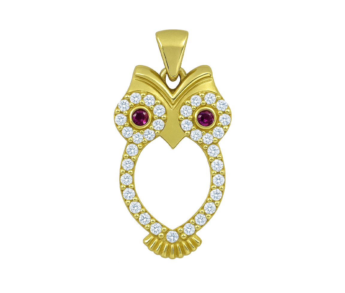PENDENTIF HIBOU AJOURÉ EN OR JAUNE SERTI DE CUBIQUES ZIRCONIAS - MB ANIM31 - BIJOUX D'IMPORTATION
