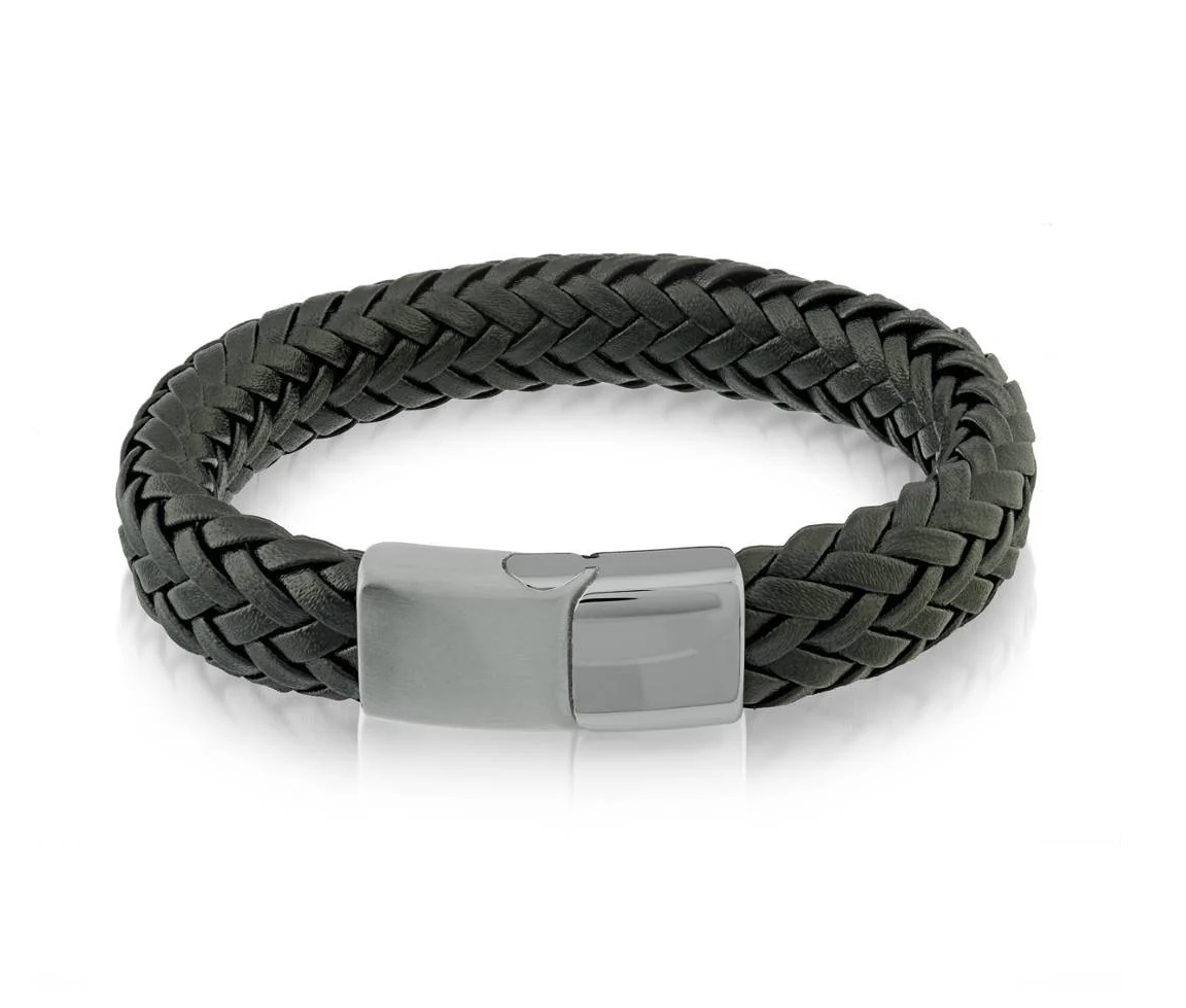BRACELET EN CUIR NOIR TRESSÉ AVEC FERMOIR EN ACIER/PVD GUN MÉTAL - IG SLB178/GU - ITALGEM