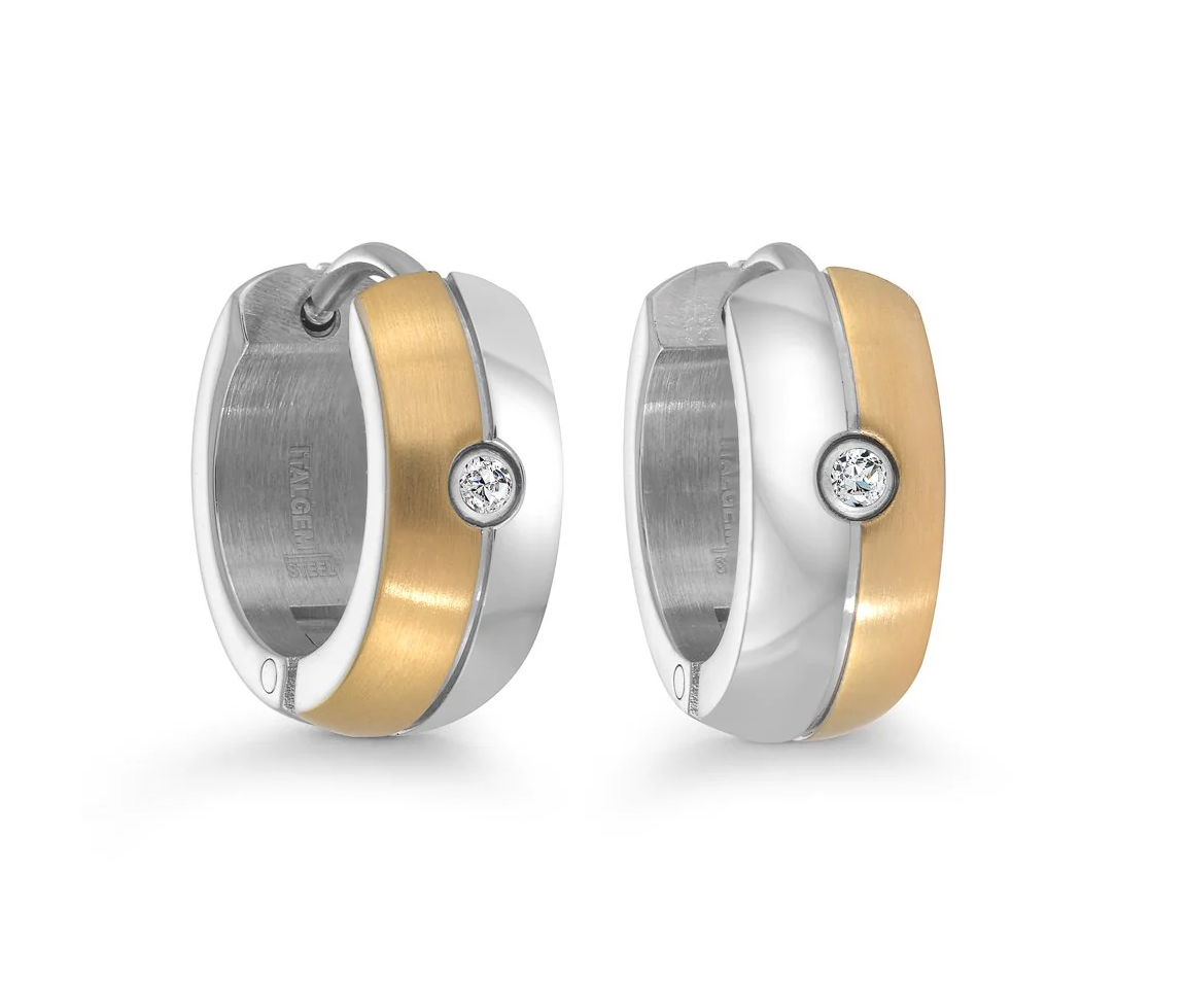 BOUCLES HUGGIES EN ACIER/PVD OR 2 TONS SERTIES DE CUBIQUES ZIRCONIAS - IG SEA62 - ITALGEM