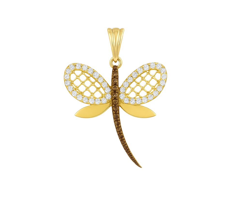 PENDENTIF LIBELLULE EN OR JAUNE SERTI DE CUBIQUES ZIRCONIAS BLANC ET CHAMPAGNE - OR PEN27 - BIJOUTERIE SUISSE INC.