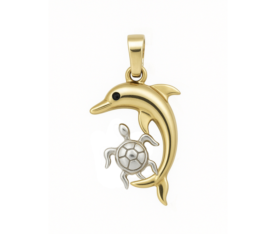 PENDENTIF DAUPHIN/TORTUE EN OR JAUNE ET BLANC - MB ANIM29 - BIJOUX D'IMPORTATION